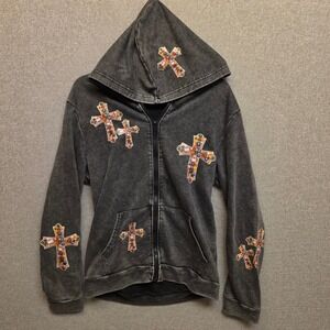 Manfinity Mens S Gray Acid Wash Jewel Cross Full Zip Hoodie Y2K Emo Streetwear